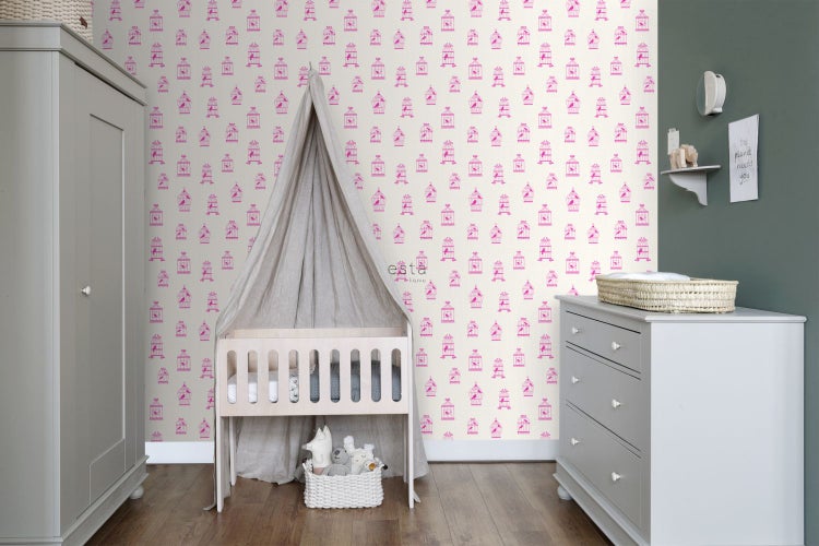 Kinderzimmer mit Möbeln und Tapete mit Vogelkäfigmuster