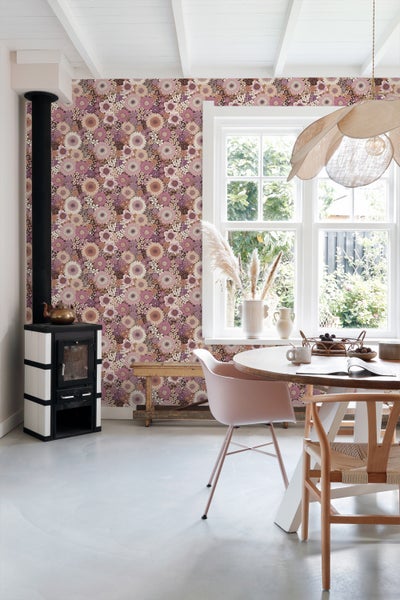 ESTAhome Tapete Retro Blumen mauve-violett und Terrakottarosa - 50 x 900 cm - 131319