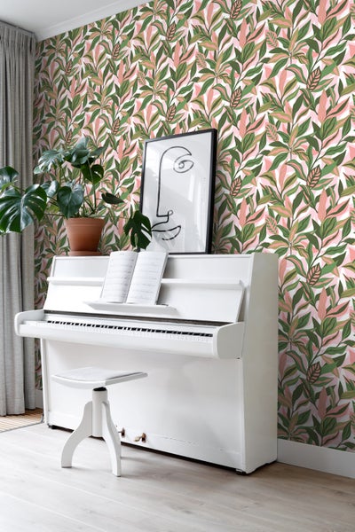ESTAhome Tapete tropische Blätter Grün und Rosa - 50 x 900 cm - 131041