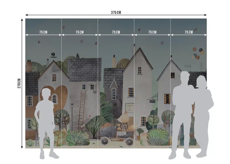 Fototapete mit illustrierter Stadtlandschaft, Häusern und Tieren. Gesamtbreite 375 Zentimeter, Höhe 270 Zentimeter, 5 Bahnen zu je 75 Zentimeter.