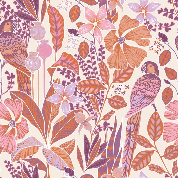 ESTAhome Tapete tropischen Blumen und Paradiesvögeln Orange und Lila - 50 x 900 cm - 131155
