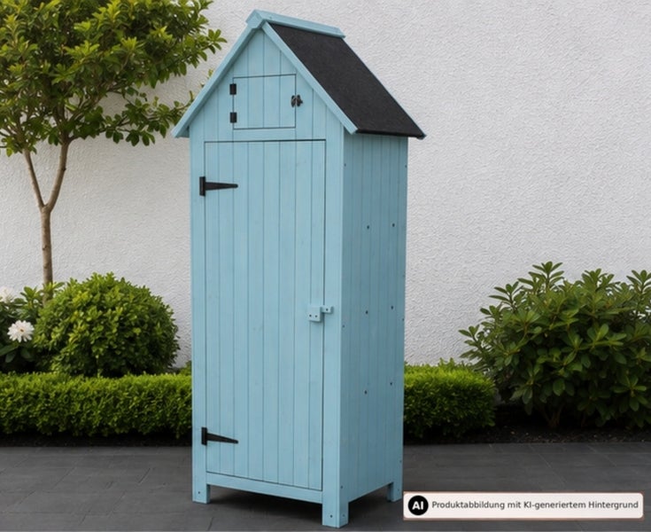 Hoher Gartenschrank aus Holz mit Satteldach und einer Tür inklusive kleinem Staufach im Giebelbereich zur Aufbewahrung von Gartengeräten.