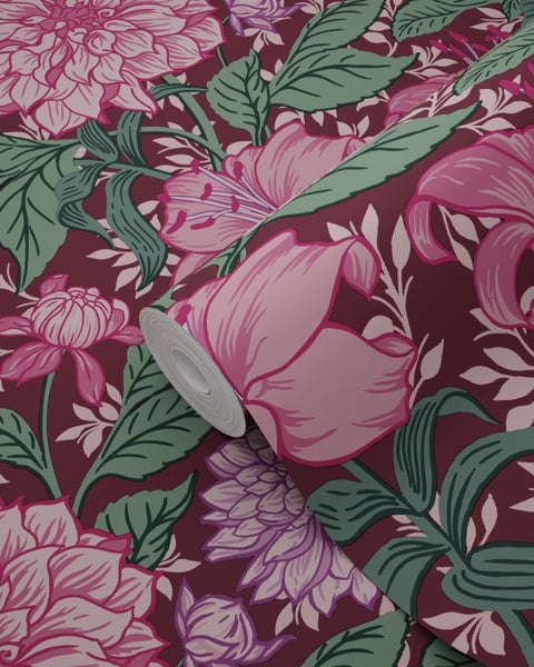 ESTAhome Tapete Blumenmuster Bonbonrosa, Lila und Grün - 50 x 900 cm - 131128