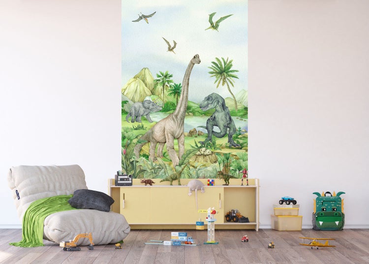 Szene mit einer Dinosaurier-Fototapete in einem Kinderzimmer