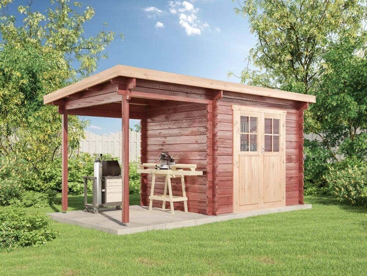 Alpholz Gartenhaus Korfu mit Schleppdach Gartenhaus aus Holz in natur, Holzhaus mit 28 mm Wandstärke inklusive Schleppdach, Blockbohlenhaus mit Montagematerial imprägniert 4,4x2,3m