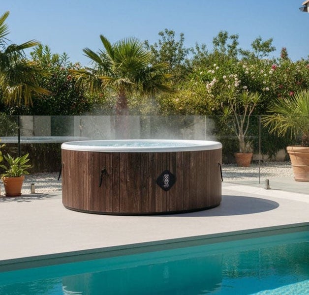 Runder Whirlpool in Holzoptik auf einer Terrasse neben einem Pool, umgeben von Pflanzen und einer Glasumzäunung.