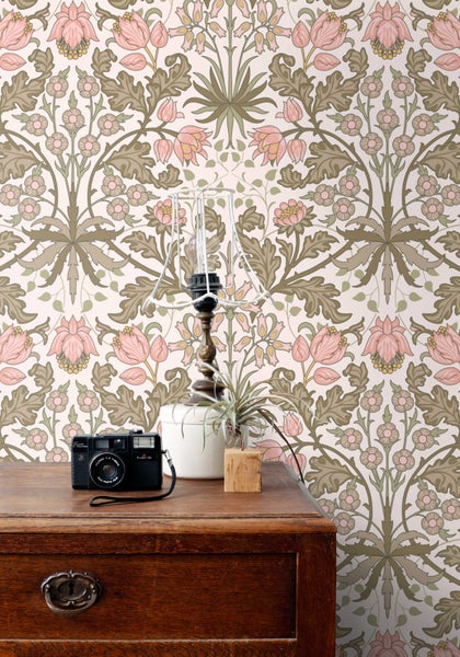 ESTAhome Tapete Blumenmuster im Jugendstil Hellrosa und Graugrün - 50 x 900 cm - 131176