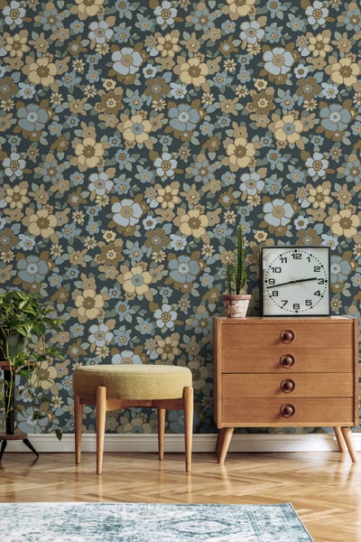 ESTAhome Tapete Retro Blumen Dunkelblau - 50 x 900 cm - 131527