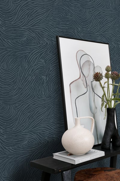 ESTAhome Tapete 3d Wellenförmige Linien Dunkelblau - 53 cm x 10.05 m - 139665