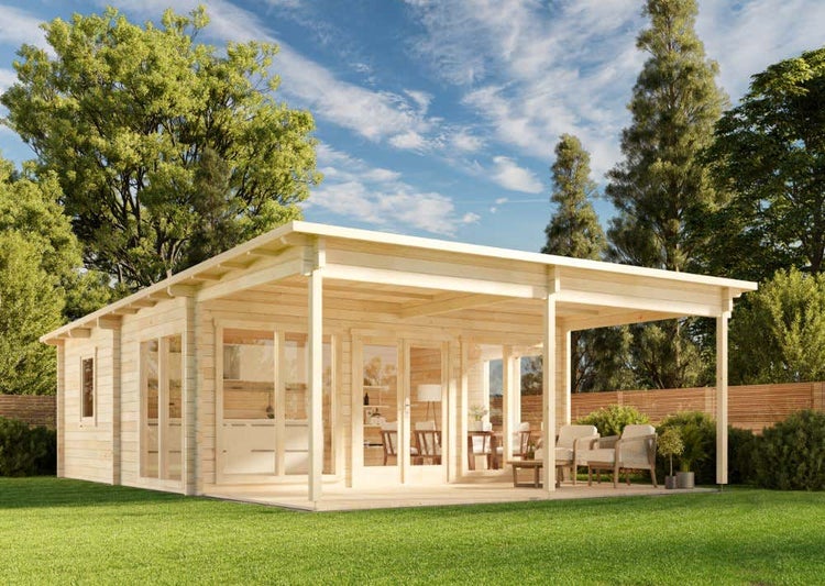 Alpholz Garten-und Freizeithaus Carroz-Modern 70 ISO Blockhaus aus Holz, Holzhaus mit 70 mm Wandstärke inklusive Terrasse, Blockbohlenhaus mit Montagematerial, Naturbelassen 6x9m