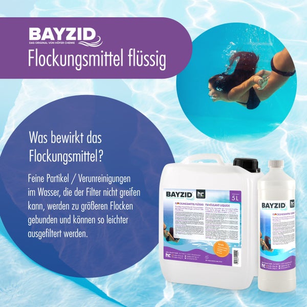 Bild von zwei Behältern Bayzid Flockungsmittel flüssig zur Beseitigung von Wassertrübungen in Poolfilteranlagen