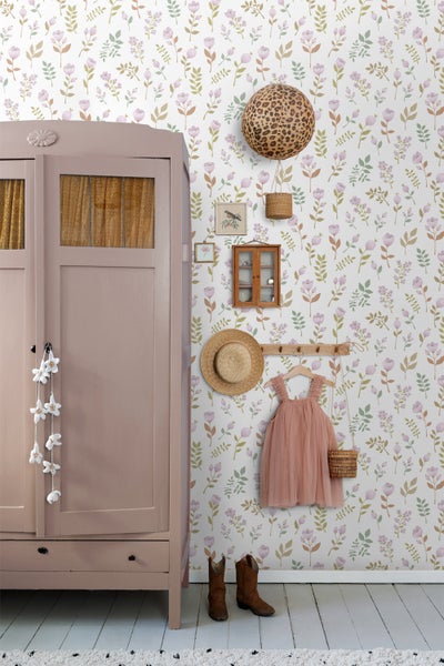 ESTAhome Tapete Blumen Violett und Graugrün - 50 x 900 cm - 139975