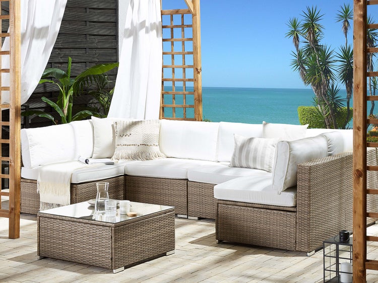 Garten Ecksofa mit Tisch 6-Sitzer BELVEDERE Polyrattan Weiß