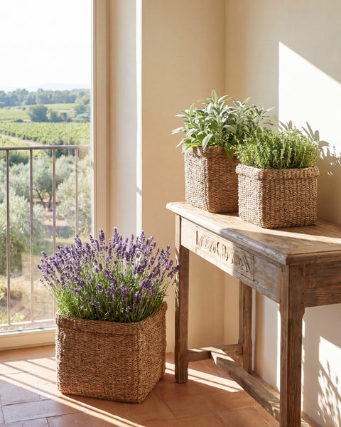 Lavendel und Kräuter in eckigen Rattankörben auf einem rustikalen Holztisch und Fliesenboden in einem hellen Raum mit Ausblick.