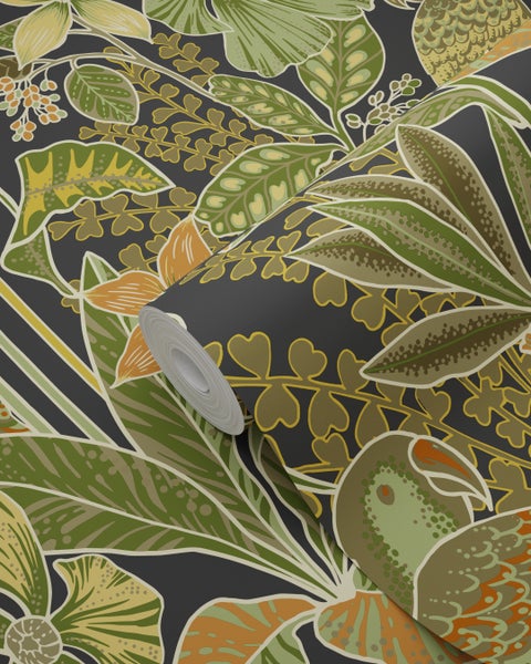 ESTAhome Tapete tropischen Blumen und Paradiesvögeln Olivgrün - 50 x 900 cm - 131160