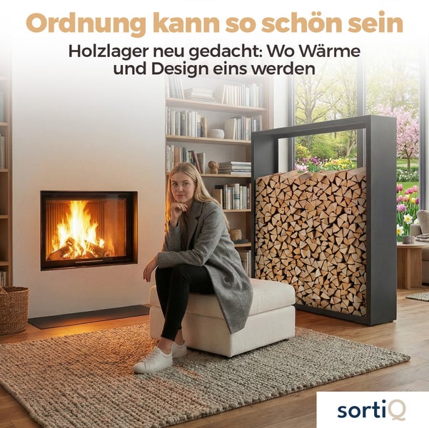 Modernes Wohnzimmer mit brennendem Kamin, Frau auf Polsterhocker und einem großen, mit Holzscheiten gefüllten Kaminholzregal von sortiq.