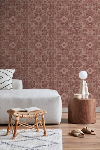 ESTAhome Tapete orientalisches Kelim-Patchwork dunkel Terrakotta-Rosa - 50 x 900 cm - 131364