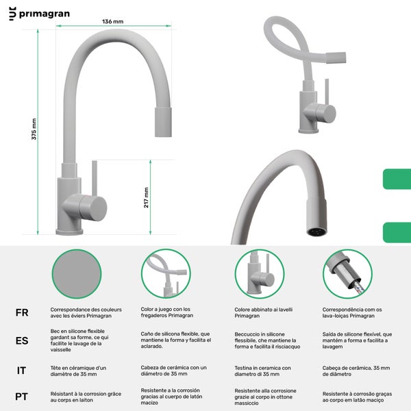Abbildung einer Küchenarmatur mit flexibler Silikonbrause und Maßangaben