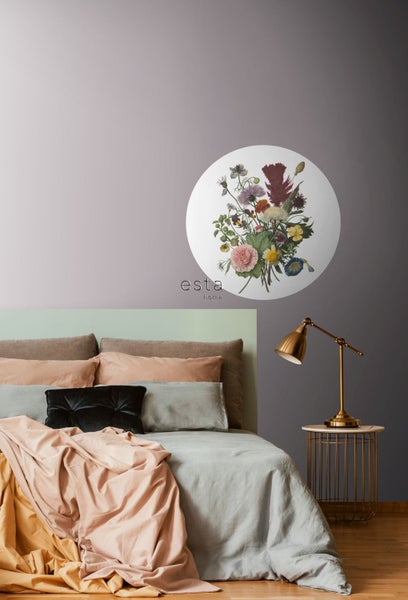 ESTAhome selbstklebende runde Tapete Blumenstrauß Grün, Rosa und Gelb - Ø 70 cm - 158996
