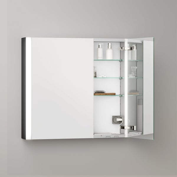 KEUCO Royal Mia Aufputz-LED-Spiegelschrank 80cm, 2 Türen, Spiegelheizung, asymmetrisch, Seiten schwarz