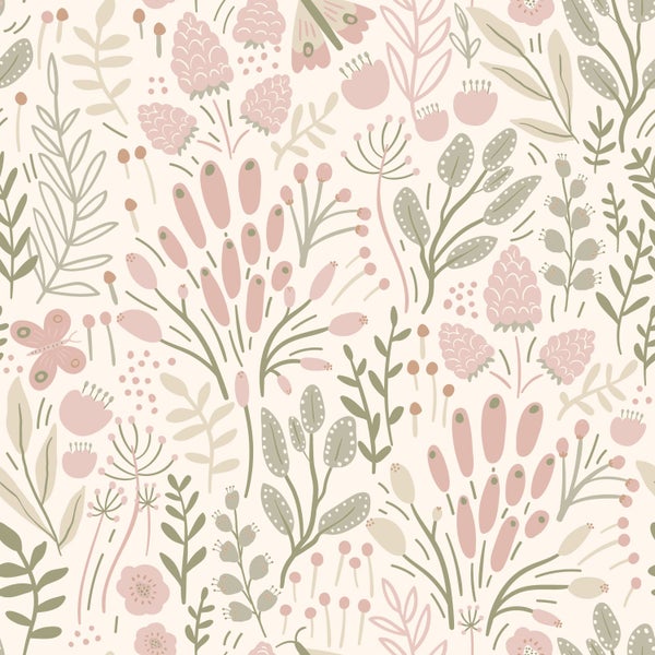ESTAhome Tapete Blätter und Blumen Weiß und Hellrosa - 50 x 900 cm - 131384