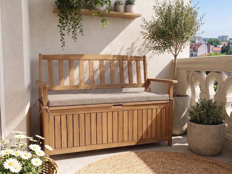 Gartenbank aus Holz mit Truhe und Sitzkissen auf einem sonnigen Balkon mit Pflanzen und rundem Jute-Teppich.