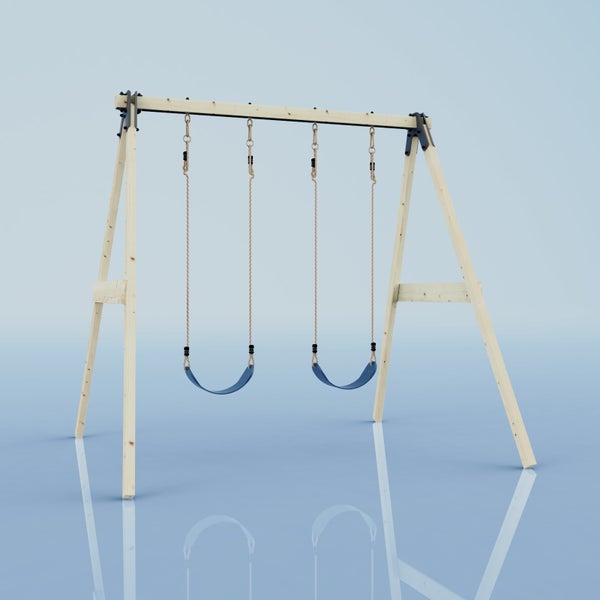 Holz-Doppelschaukel mit hellem Gestell und zwei blauen Schaukelsitzen an Seilen.