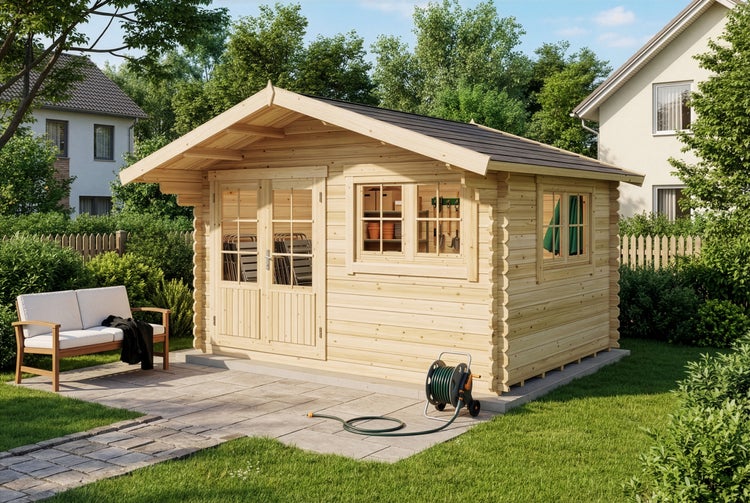 Garten Szene mit Holz Gartenhaus, Schlauchwagen und Gartenmöbeln.