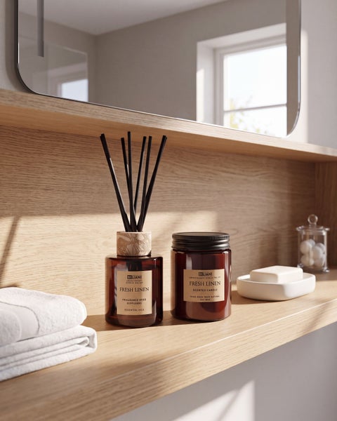 Duftset mit Diffuser und Duftkerze Fresh Linen auf einem Holzregal im Badezimmer mit Handtüchern und Spiegel.