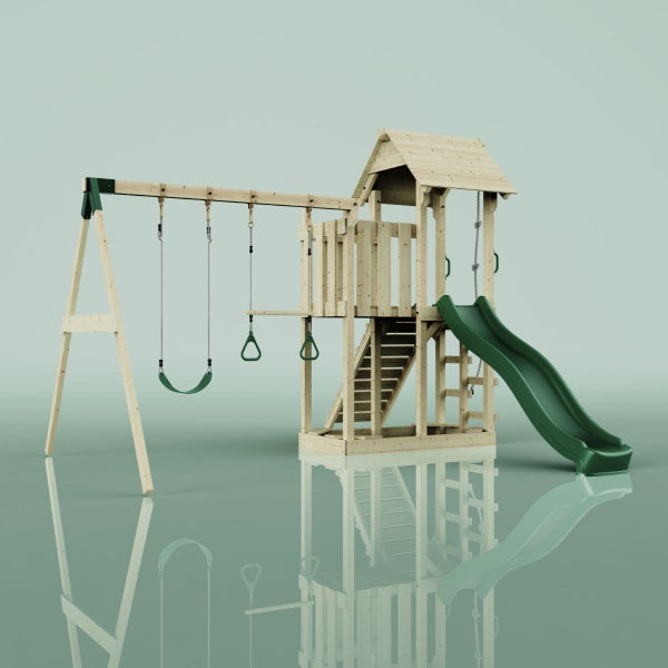 Spielturm aus Holz mit Schaukel und Rutsche