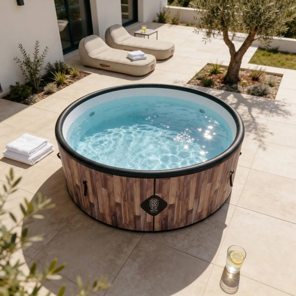 Runder aufblasbarer Whirlpool in Holzoptik auf einer sonnigen, gefliesten Terrasse mit Liegestühlen und Pflanzen im Hintergrund.