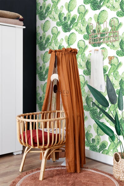 ESTAhome Tapete gemalte Kakteen in Blüte Dschungelgrün - 53 cm x 10.05 m - 138902