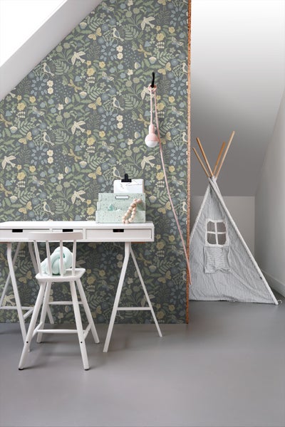 ESTAhome Tapete Blumen und Vögel Blau und Grün - 50 x 900 cm - 131464
