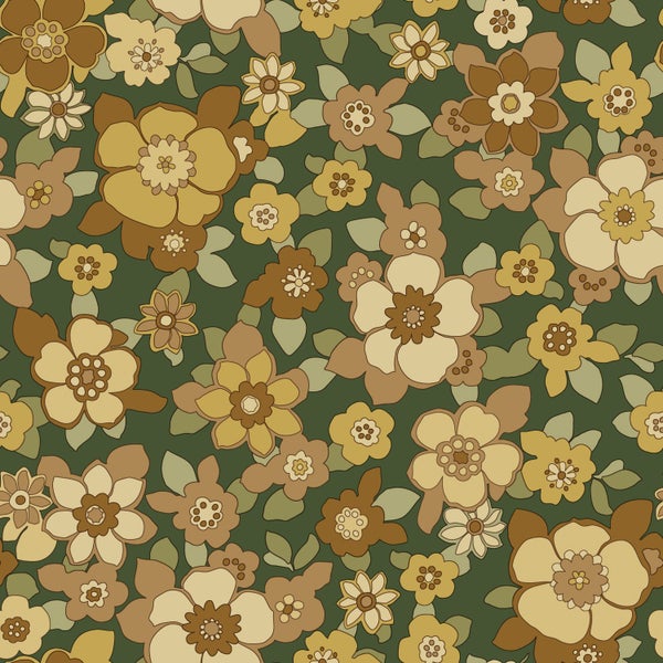 ESTAhome Tapete Retro Blumen Dunkelgrün und Gelb - 50 x 900 cm - 131528
