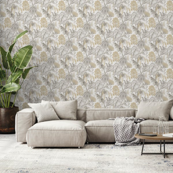 Sanders und Sanders Tapete tropische Blätter Beige, Grau und Gelb - 53 cm x 10,05 m - 640733
