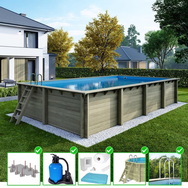 Aufstellpool aus Holz mit Leiter, Sandfilteranlage und Zubehör im Garten