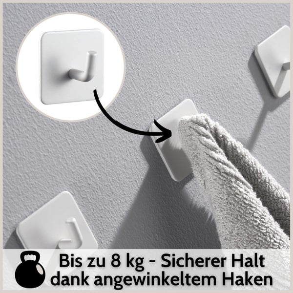 Selbstklebende Wandhaken für Handtücher, belastbar bis zu 8 Kilogramm dank angewinkeltem Haken.