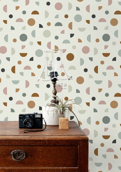 ESTAhome Tapete grafisches Motiv Hellbeige, Altrosa und Mintgrün - 53 cm x 10.05 m - 139277