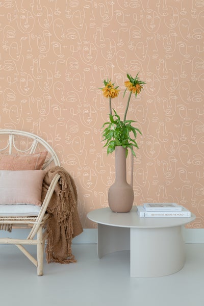 ESTAhome Tapete Line Art Gesichter Pfirsichrosa und Weiß - 53 cm x 10.05 m - 139214