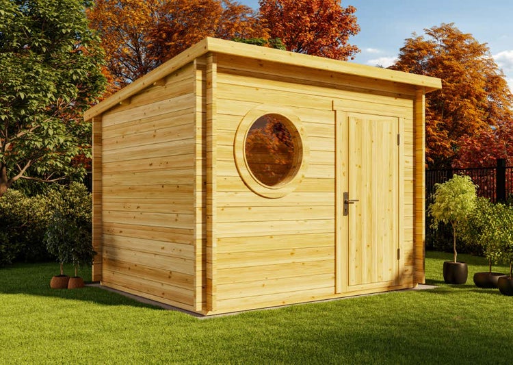 Alpholz Gartenhaus Maria-Rondo A aus Massiv-holz, Gerätehaus mit 44 mm Wandstärke, Garten Holzhaus mit Imprägnierung (pinie), Geräteschuppen Größe: 300 x 250 cm, Pultdach