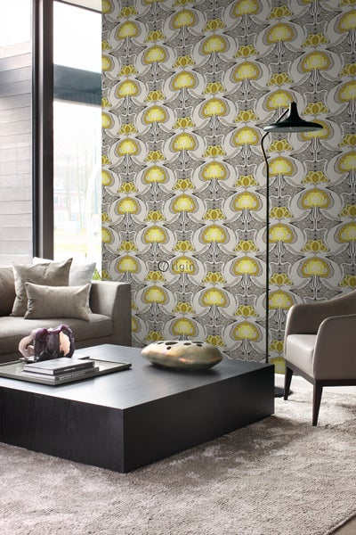 Origin Wallcoverings Tapete Jugendstil-Blumenmuster Ockergelb und Grau - 53 cm x 10.05 m - 347206