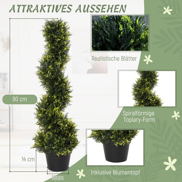 Outsunny 2er Set künstliche Zedernbaum groß 90 cm künstliche Pflanzen, Plastik Kunstpflanze Spiralpflanze wie echt, Zeder im Topf für Schlafzimmer Wohnzimmer Garten Büro moderne Dekoration