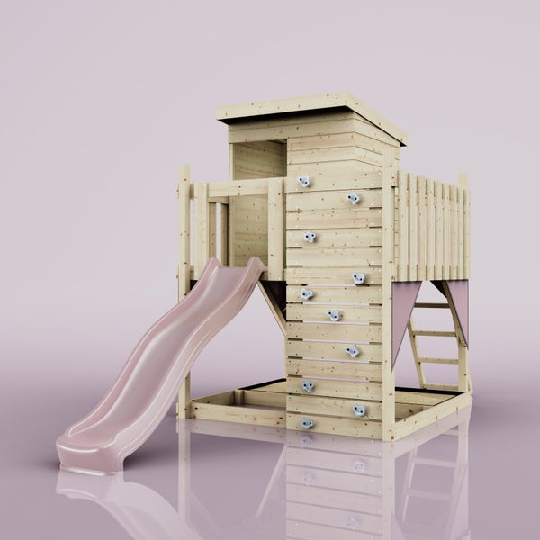 Spielturm aus Holz mit Rutsche, Kletterwand inklusive Klettersteinen, Leiter und Sandkasten.