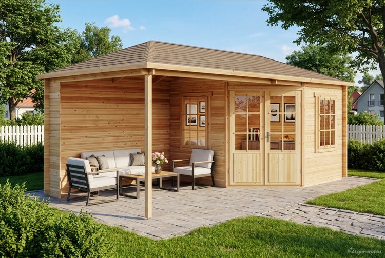 Gartenhaus aus Holz mit überdachter Terrasse und Loungemöbeln in einem Garten auf einer gepflasterten Fläche.