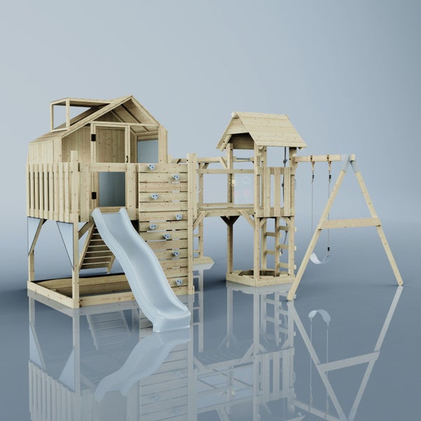 Holzspielplatz mit Rutsche, Kletterwand und Schaukel