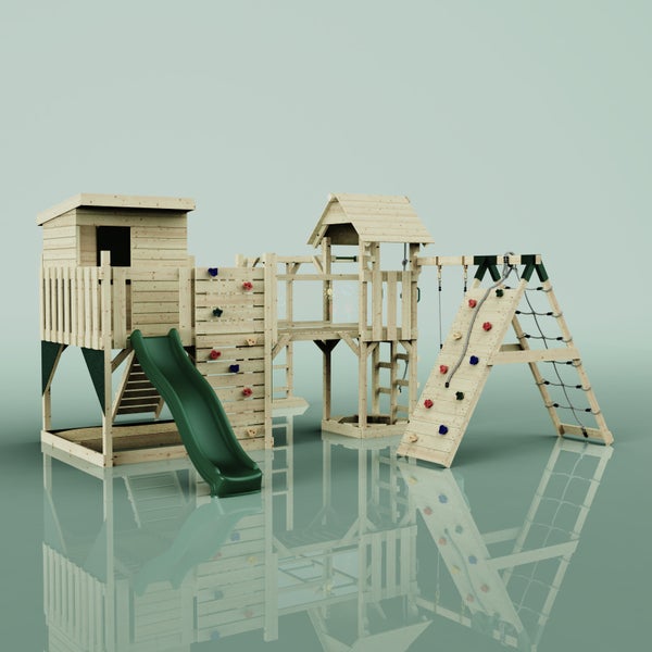 Holzspielplatz mit Turm, Rutsche, Kletterwand und Schaukel