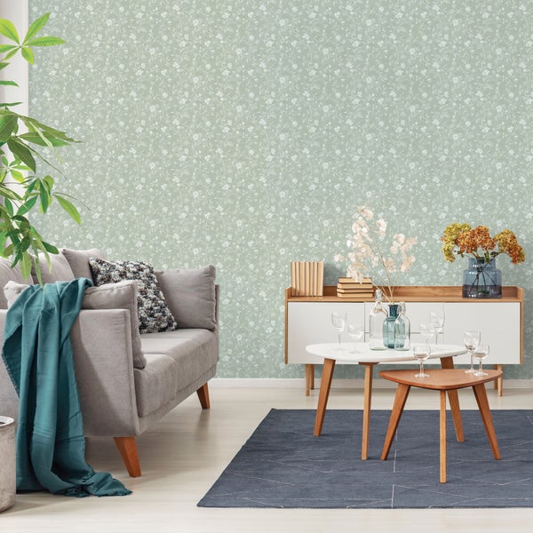 Sanders und Sanders Tapete Blumen Hell Graugrün und Weiß - 53 cm x 10 m - 640197