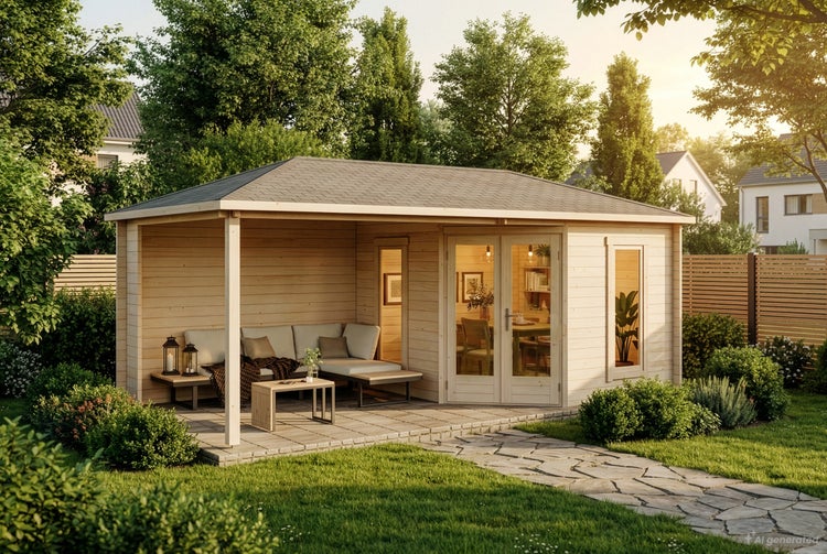 Holzgartenhaus mit integrierter Überdachung und Terrasse, ausgestattet mit Loungemöbeln und Glasfronten in einer gepflegten Gartenanlage.