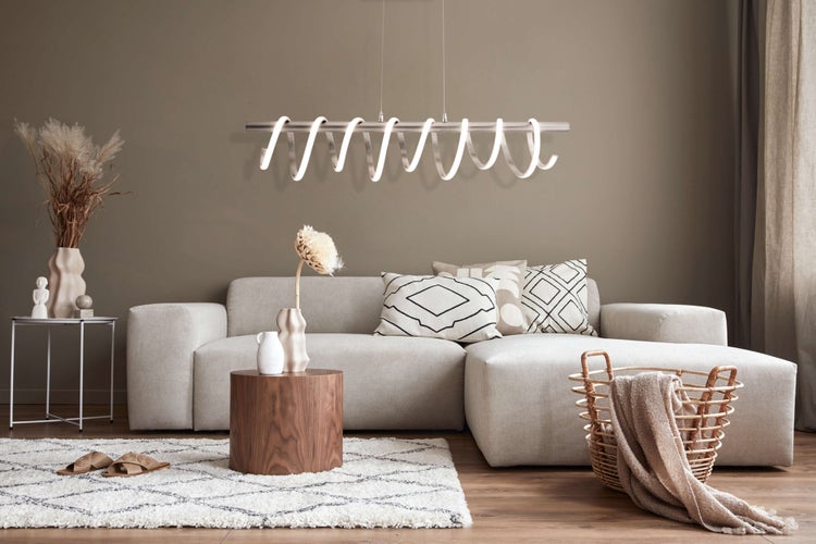 LED Pendelleuchte BELLEZA, moderne Pendellampe aus  Metall und Kunststoff in Nickel matt und Weiß, mit fest verbauten LEDs, 100 cm lang. Die ideale Beleuchtung für Wohnzimmer, Esszimmer oder Küche.