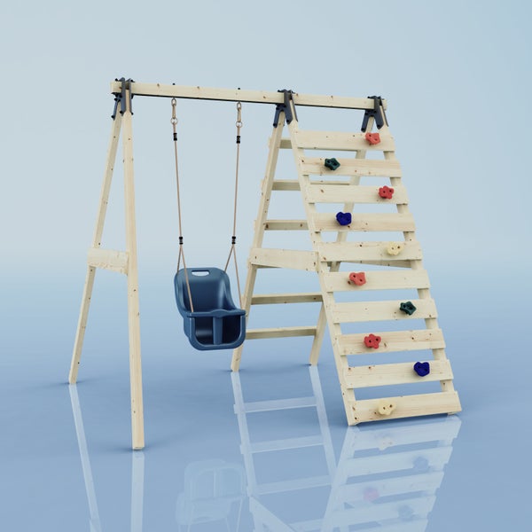 Schaukelgerüst aus Holz mit einer Kleinkindschaukel und einer Kletterwand mit bunten Klettersteinen.